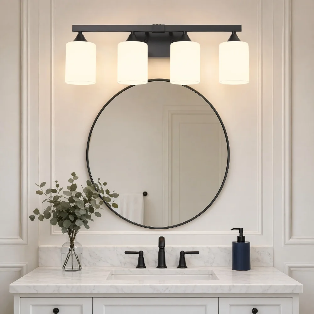 4-Light Matte Black Bathroom Vanity Light, Metal Wall Mount Light Fixture, Frosted Glass Shade Bath Wall Lamp for Large Vanity Mirror(No Light Bulb)