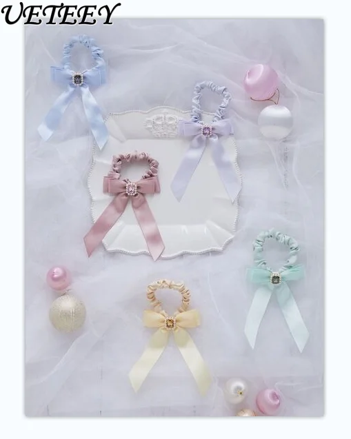 Japanese Barrettes Women 2024 Summer New Cute Pearl Gem Bow Ribbon Hair Ring Female Fashion Sweet Hair Clips Butterfly Hair Clip