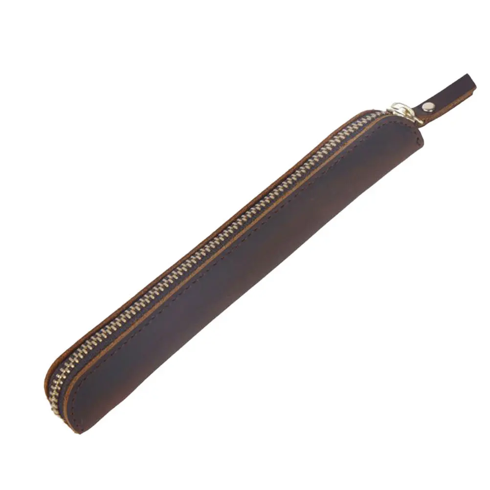 Dark Brown Pen Case Zipper Pouch Snap Button Holder Professional Pen Organizer for Fountain Ballpoint