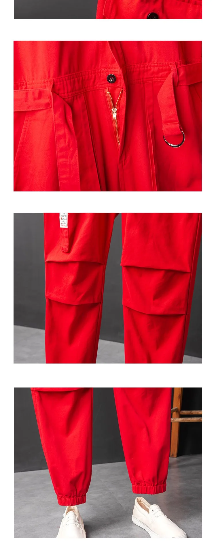 Men Jumpsuit Waist Belt Long Sleeve Red Hip Hop Rompers Casual Comfortable Cargo Pants Loose Multi-pockets Overalls Work Overall