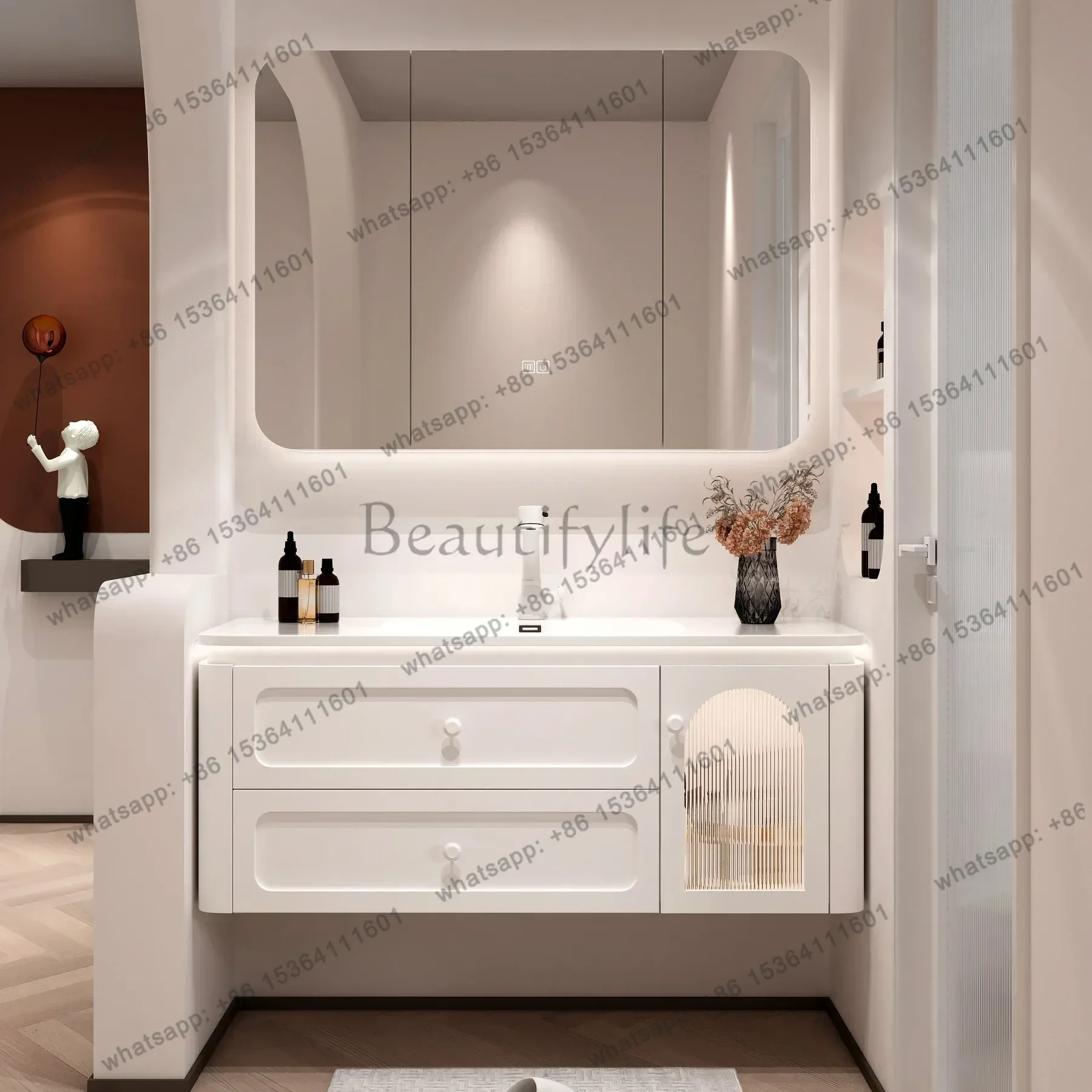 LDModern Bathroom Cabinets Rock Plate Ceramic Washbasin Oak Solid Wood Bathroom Vanity Cabinet with Sink Bathroom