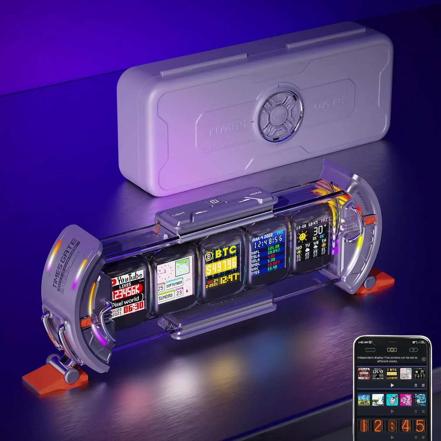 Times Gate - Reloj Despertador Digital para Gamers Cyberpunk, Aplicación Inteligente, Conexión WiFi, Pantalla LED RGB, Personalizado para Finanzas y Bitcoin