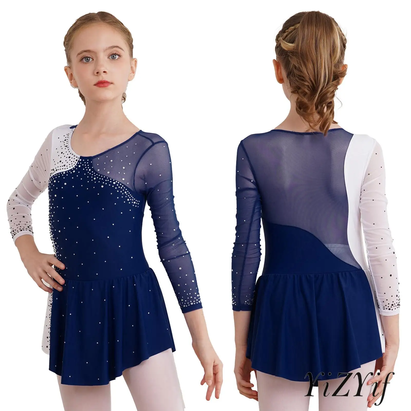 

Girls Shiny Rhinestone Decorated Mesh Splice Figure Skating Bodysuit Ballet Lyrical Gymnastic Skirted Winter Sport Outfit