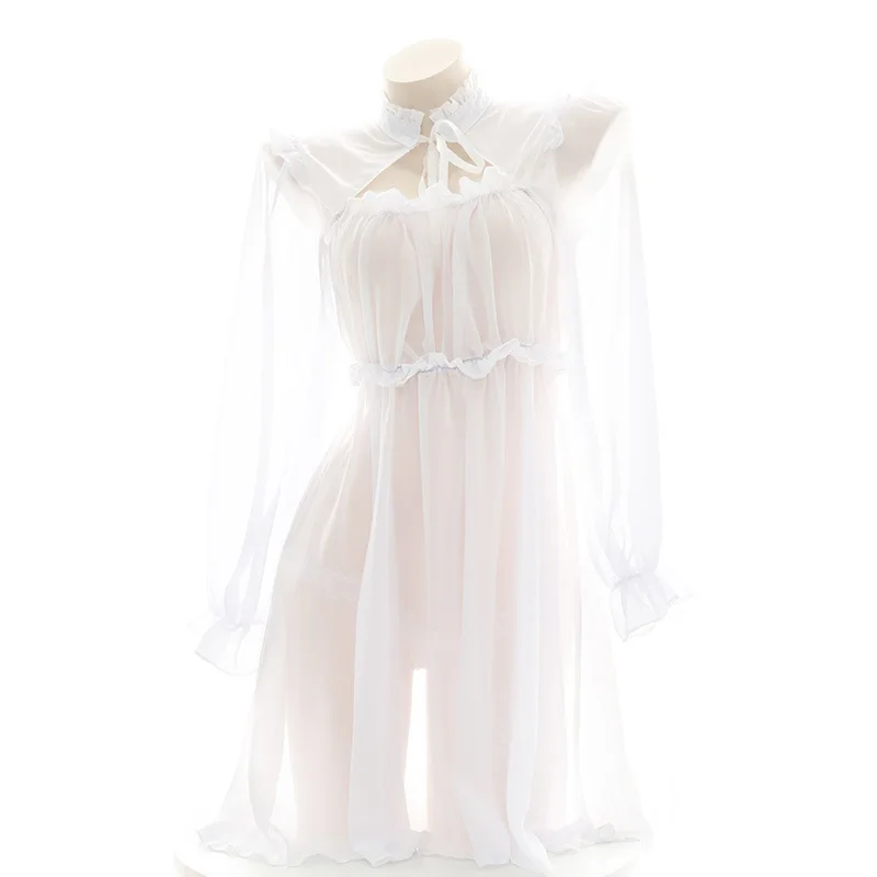 Lolita Women Chiffon Dress Princess Sleepshirts Vintage Palace Nightgowns Anime Cosplay Semi-Transparent Long Sleeve Homewear