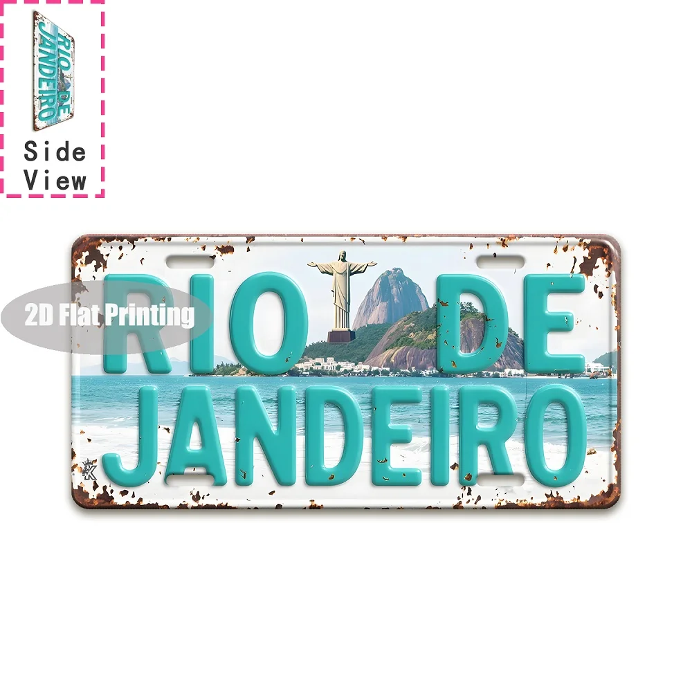 2D Flat - Vintage Metal Wall Sign Featuring The Christ The Redeemer And Sugarloaf Mountain from Rio De Janeiro, Brazil - Turquoi