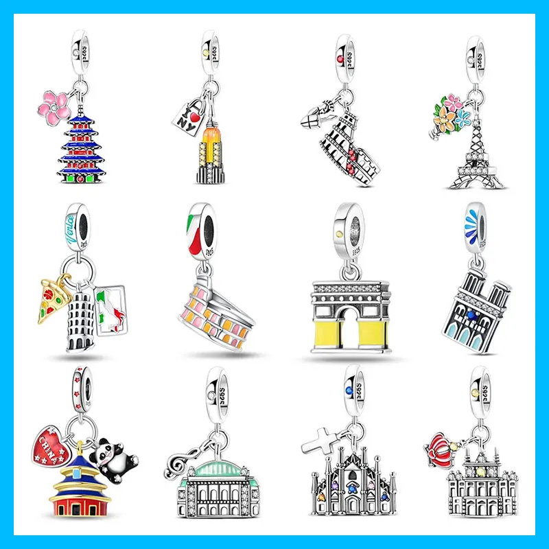 Colosseum Triomphe Panda Pagoda CZ Original Charm Silver Plated Beads Fit Bracelets Bag Keychain Charms DIY Women Gift Accessory