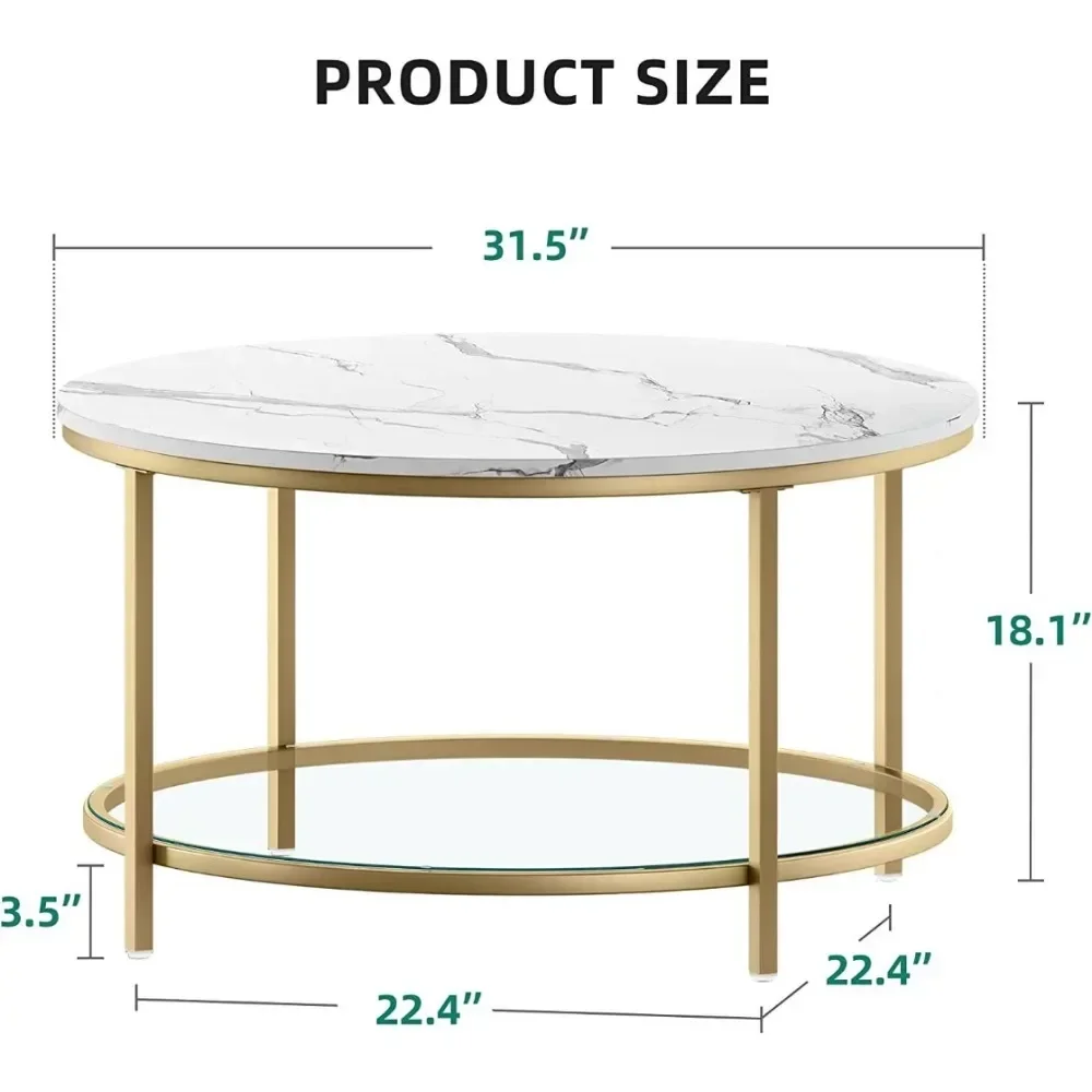 2-Tier Round Coffee Table Marble Center Cocktail Table With Glass Open Storage Shelf, White & Gold