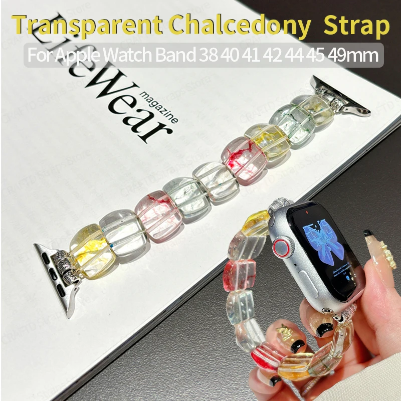 

Elastic Scrunchie Strap for Apple Watch 44mm Band 40 45 49 38 Transparent Chalcedony Loop Bracelet for Watch Series 9 8 7 6 SE 5