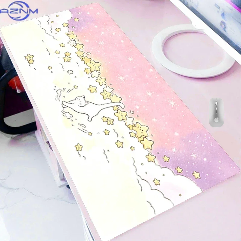 Pink Purple Gradient Starry Sky Cute Cat Large Mousepad, Non-Slip Rubber Waterproof Extended Desk Mat, Sweet Cartoon Cloud Star