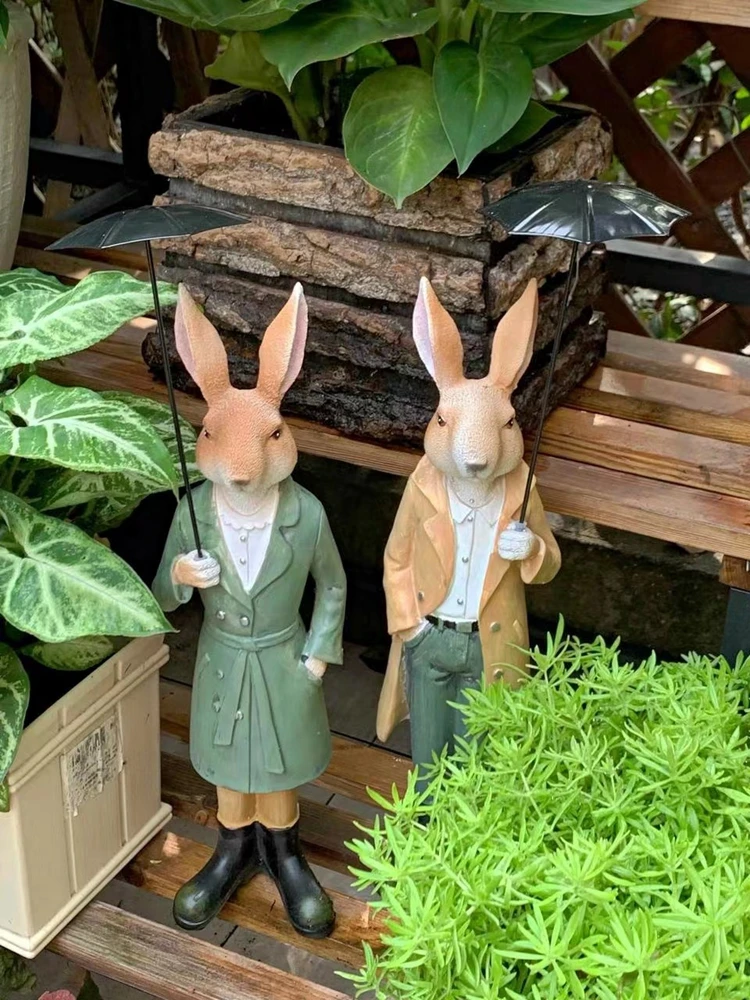 2Pcs Cartoon Umbrella Couple Rabbits Home Decor Garden Balcony Courtyard Landscape Bunny Ornaments