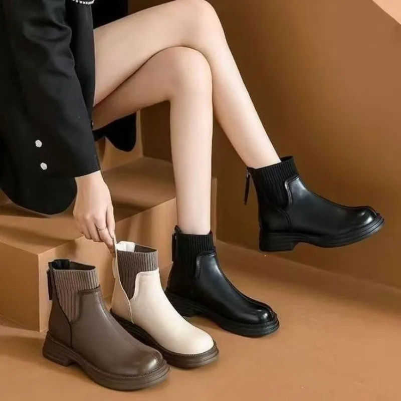 Women's Knit‑Spliced Round Toe Ankle Booties,Thick Platform Sole Back Zipper Soft Leather Chelsea Short Boots,Casual Daily Shoes