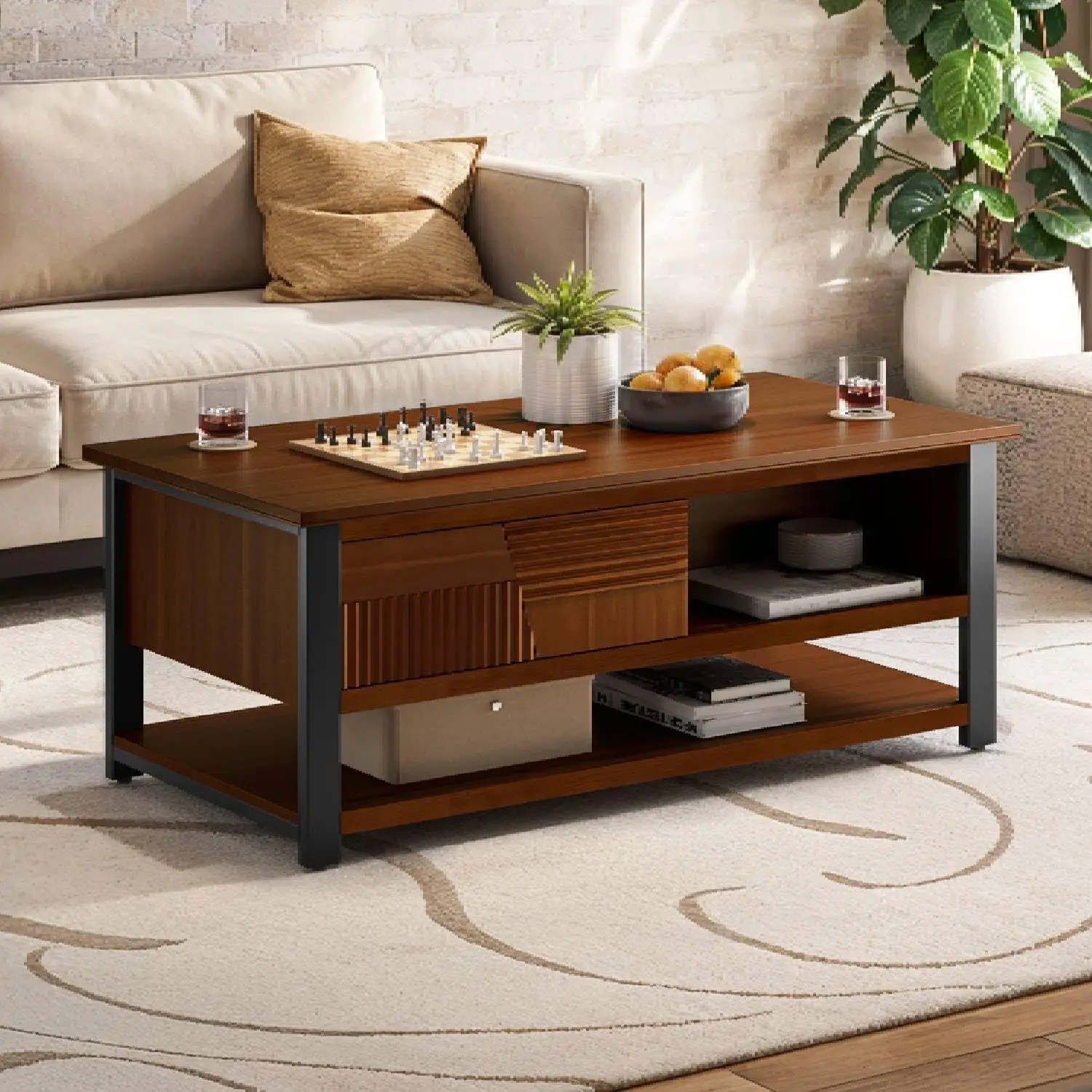 

Modern Wooden Coffee Table with Storage and Metal Legs for Living Room - Stylish Center Table Furniture