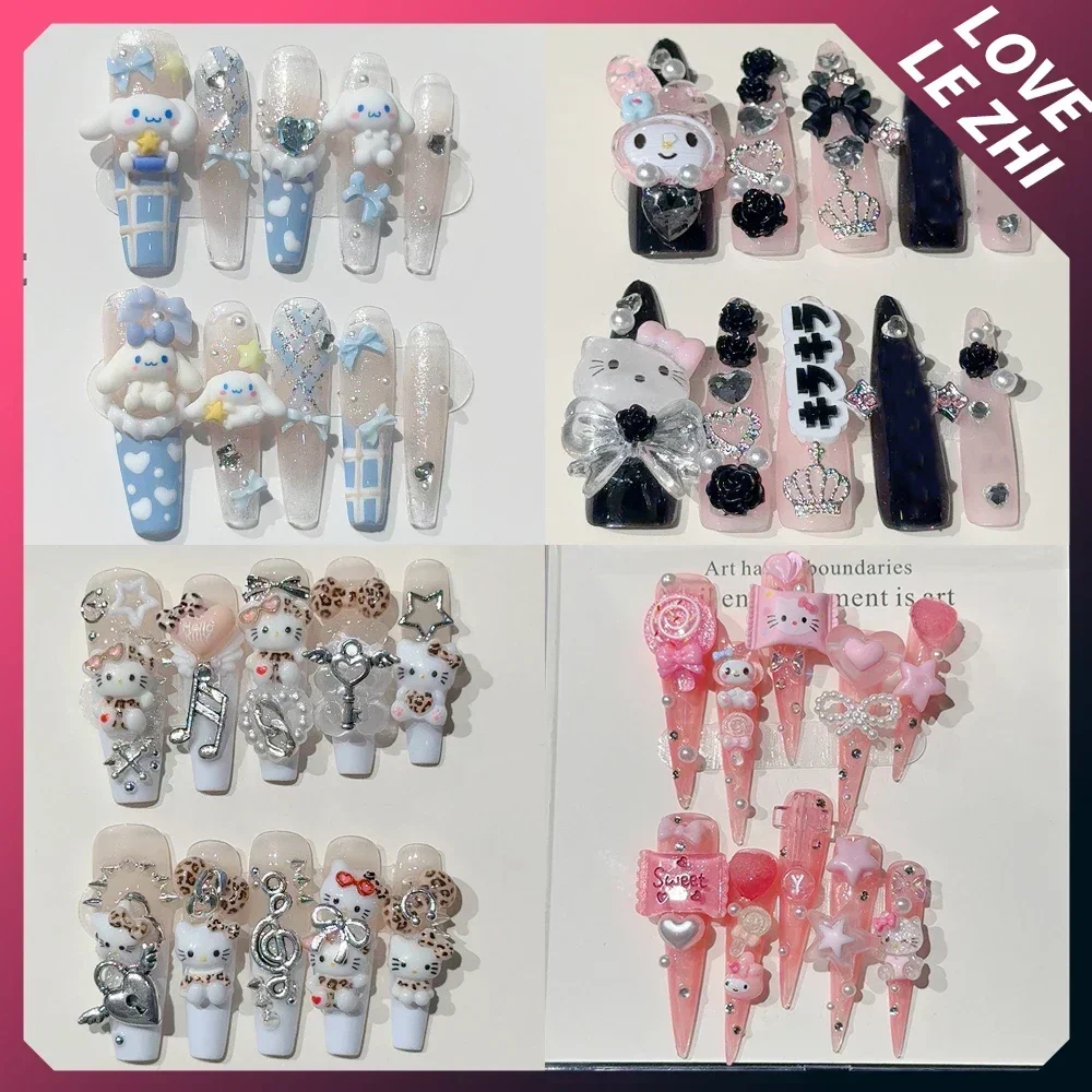 

Spice Girl Cartoon Handmade Long Coffin Stiletto Wearable Artificial False Nail Y2K Gothic 3D Rhinestone Bow Chain False Nail