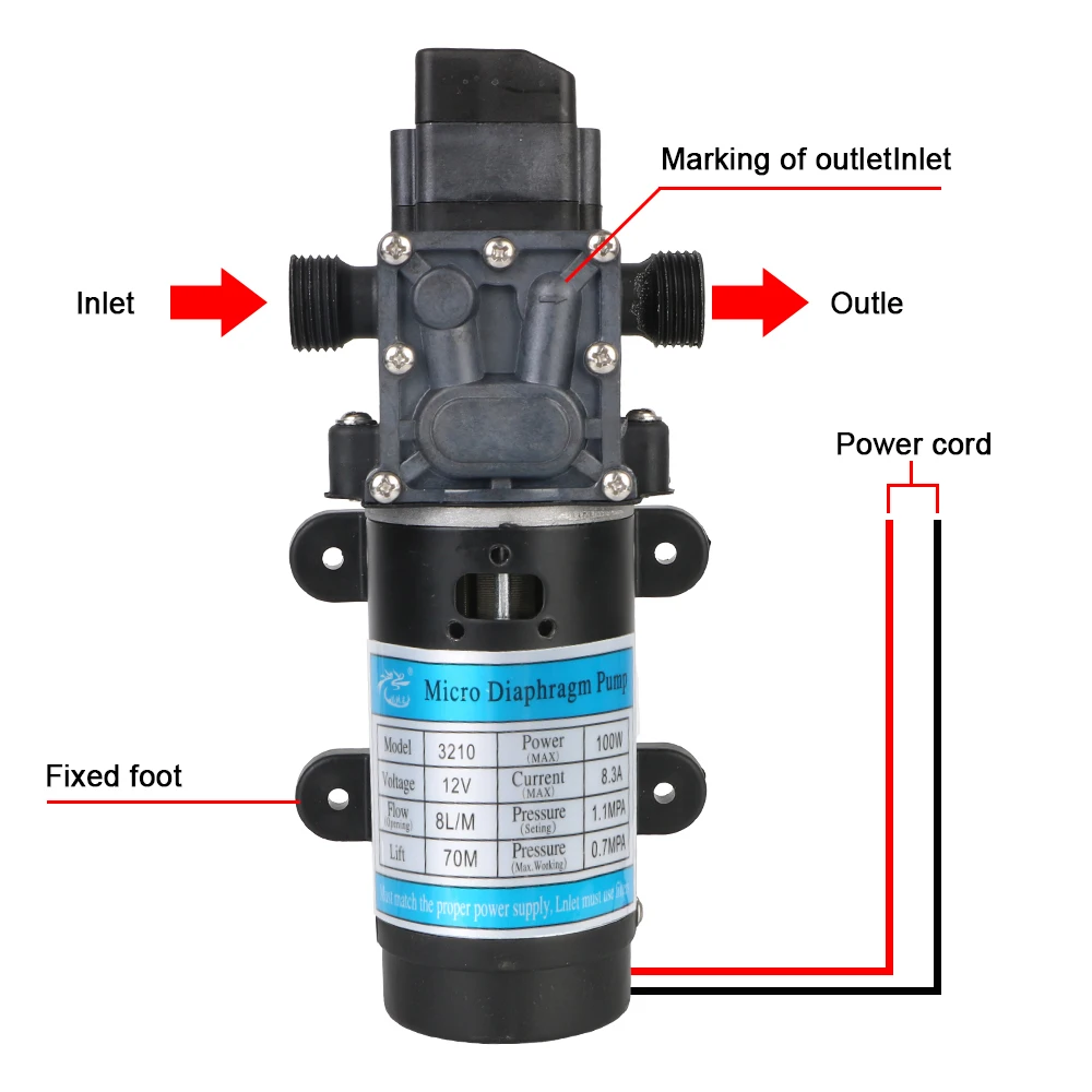 ปั๊มน้ำไฟฟ้าไดอะแฟรมแบบ priming เอง DC 12V 100W 8L/นาทีล้างรถสเปรย์น้ำแร่แรงดันสูงขนาดเล็กสำหรับการเกษตร