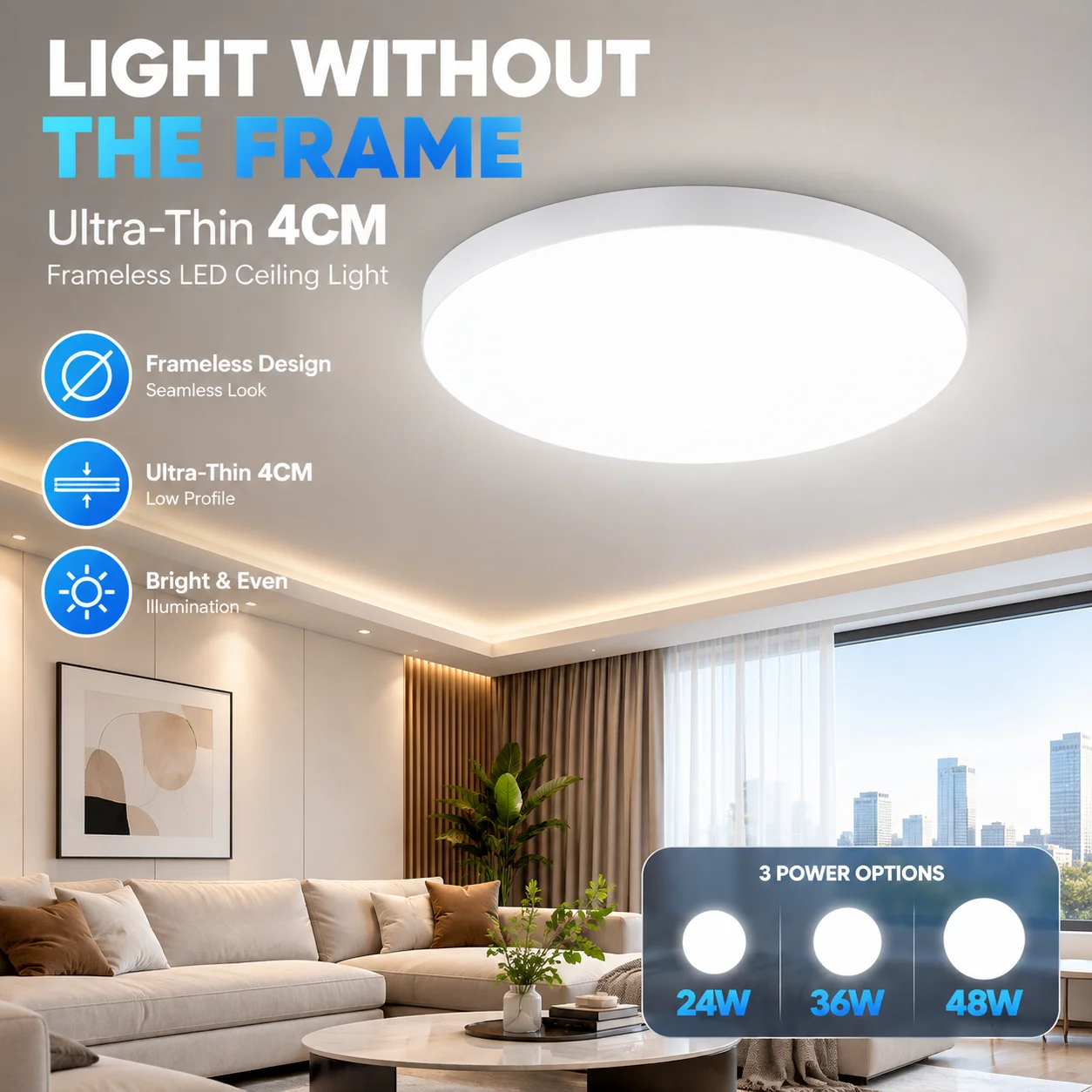 Ultra Slim Frameless Round LED Ceiling Light Surface Mounted Panel Lamp 3 Color Changing Modern Ceiling Light 24W 36W 48W