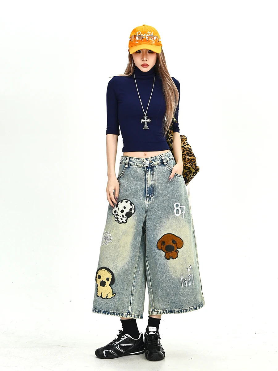 

Свободные женские джинсовые шорты с вышивкой, широкие брюки в американском ретро-стиле, летняя новинка, удобные, с завышенной талией