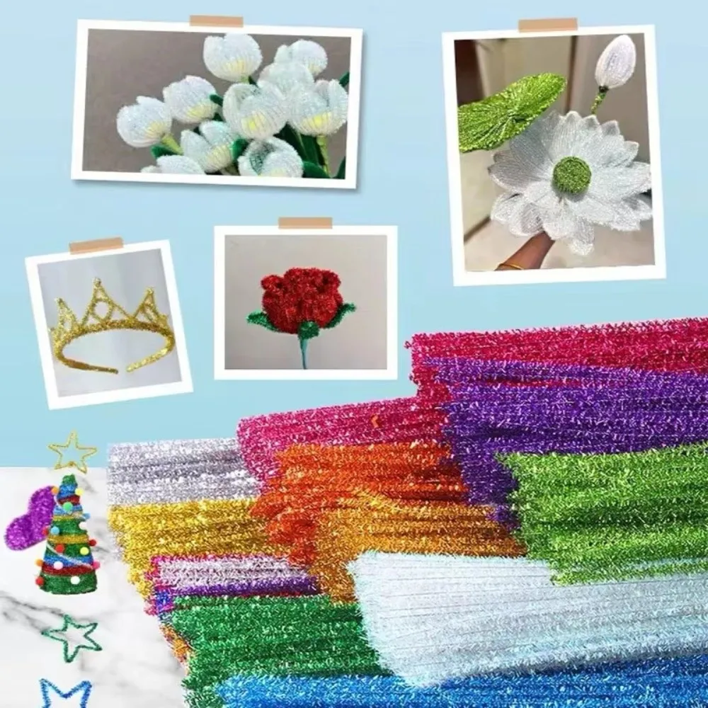 

100pcs New 30cm Glitter Chenille Stems Wool Top Torsion Bar DIY Craft Supplies Christmas Xmas Craft