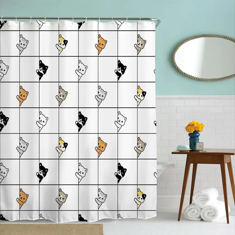 

Занавеска для душа с изображением кошки для ванной комнаты с крючками, забавная занавеска для душа, детский милый домашний декор для ванной комнаты, тканевое украшение для ванной комнаты