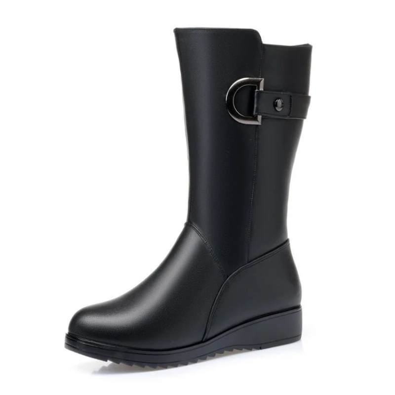 Botas de couro genuínas planas antiderrapantes para mulheres, salto alto, forrado de lã, longo, quente, sapatos de neve, moda feminina, inverno, 2023