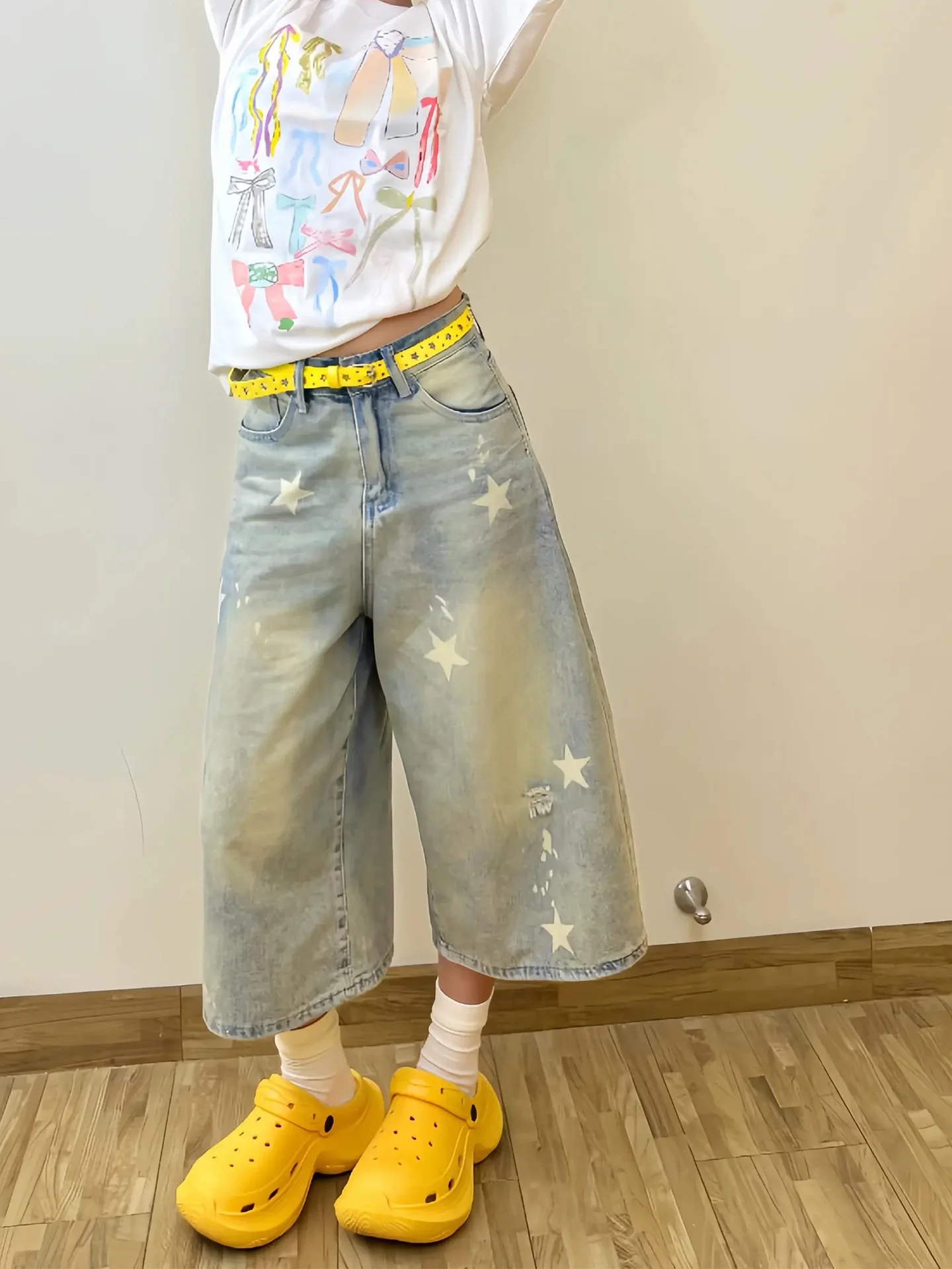 

Summer 2026 High Waist Loose Slimming Seven-Foot Star Print Denim Jeans Women's Hole Wide Leg Thin Style American Style Pure ...