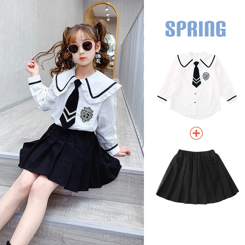 College style Child Girls Clothing Cotton White Shirts with Tie Black pleated skirt pantskirt Fashion Girl Outfit School Uniform