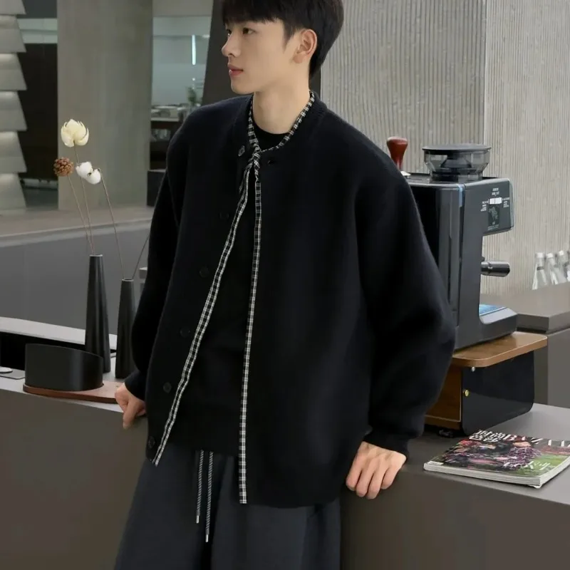 Осенне-зимнее пальто, мужское искусственное двухсекционное модное вязаное клетчатое пальто, свободный повседневный свитер, кардиган в корейском стиле