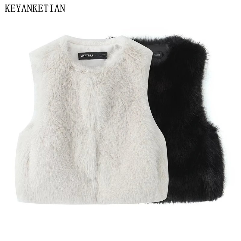 KEYANKETIAN Autumn/Winter New Women Faux Fur Vest Jacket Fashion Simply Covered Button O-Neck Sleeveless Greatcoat Waistcoat Top