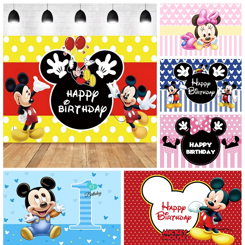 Telones de Fondo para Fiesta de Primer Cumpleaños de Mickey y Minnie, Niño o Niña, con Rayas y Puntos, Decoración para Baby Shower, Fondo para Fotografía