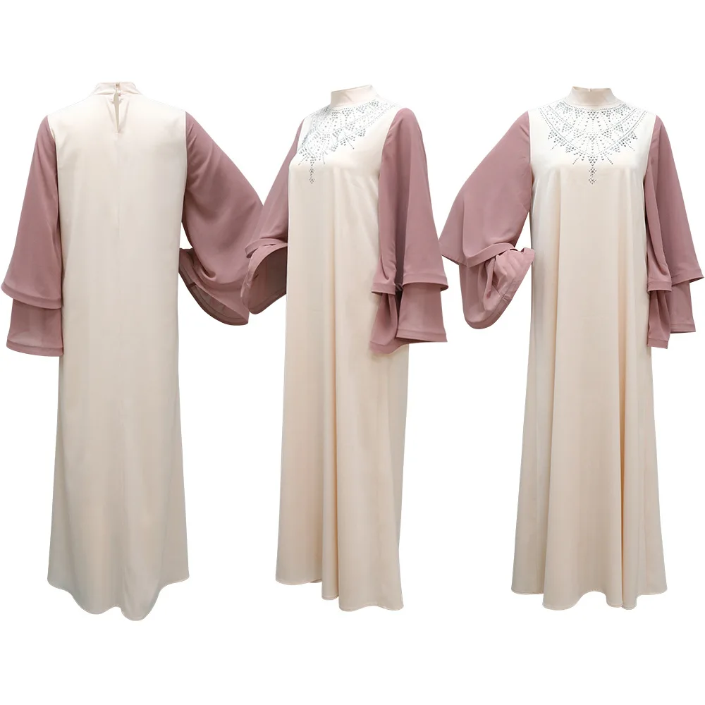 

UNI Muslim Women Maxi Dress Satin Diamond Abaya Flare Sleeve Turkey Kaftan Arab Robe Dubai Eid Party Morocco Jalabiya Vestidos