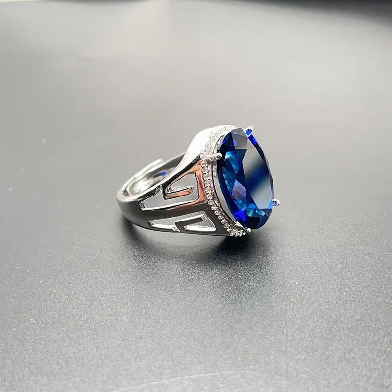 Royal Blue Man Made Sapphire Ring for Men 13mm*18mm Blue Crysal 925 Silver Ring with 3 Layers 18K Gold Plating
