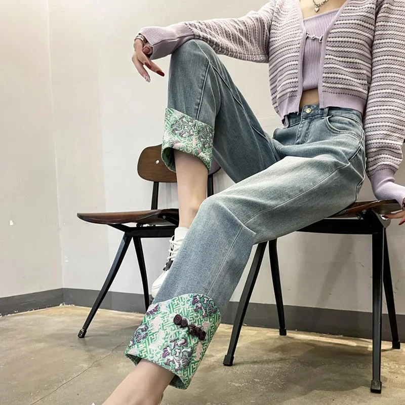 

Vintage High Waist Wide Leg Jeans Y2K Streetwear Casual Loose Fit Cropped Denim Female Chinese Style Pants
