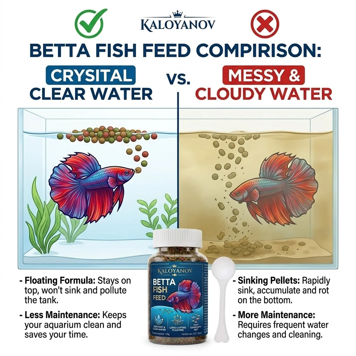 Premium Betta Fish Food Floating Pellets with Measuring Spoon, Color Enhancing Daily Micro Diet (0.5-1.5mm) Keeps Water Clear