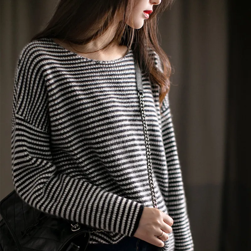 Women Cashmere Sweater 2022 Autumn Winter Fashion Striped Knitted Casual loose Sweaters Ladies Top