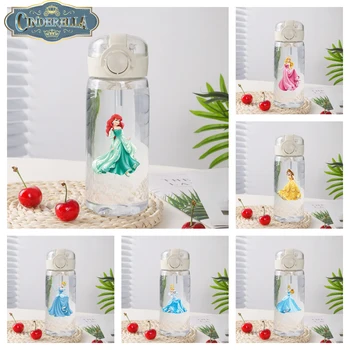Disney-Cinderela copo de água de palha macia para meninas, conveniente garrafa de silicone, vazamento ao ar livre, bonito, 400ml