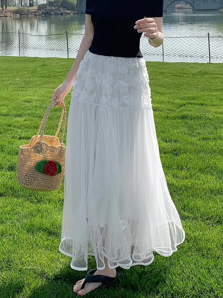 

Элегантная юбка-трапеция с высокой талией и 3D-сетчатым наложением с розовым цветочным принтом, шикарный зимний дизайн, легкий полиэстер, непрозрачный - идеально