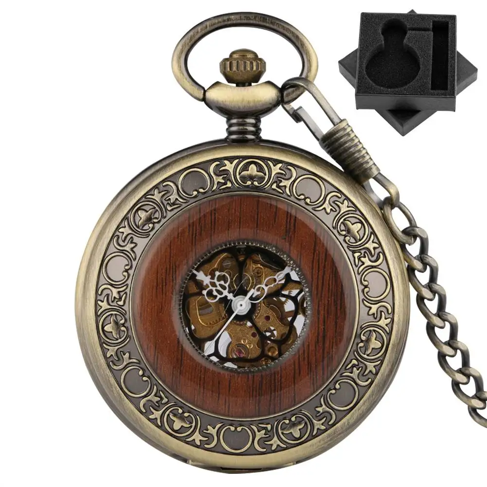 Vintage Bronze Mechanical Hand Winding Pocket Watch with Red Wood Decor Hollow out Case Fob Chain Pendant Pocket Clock Gift Male