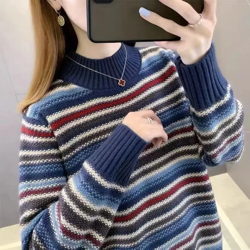 Autumn and Winter Women's Stripe Contrast Color Half High Korean Long Sleeve Loose Sweaters Jumpers Cotton Fashion Casual Tops