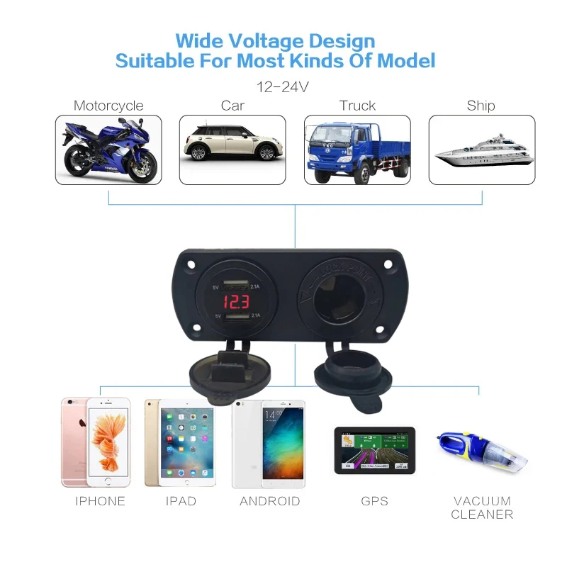 Two Hole Tent Base 4.2A Dual USB Voltmeter Charger 12V/24V Cigarette Lighter Power Socket for Car Motorcycle Boat Marine ATV RV