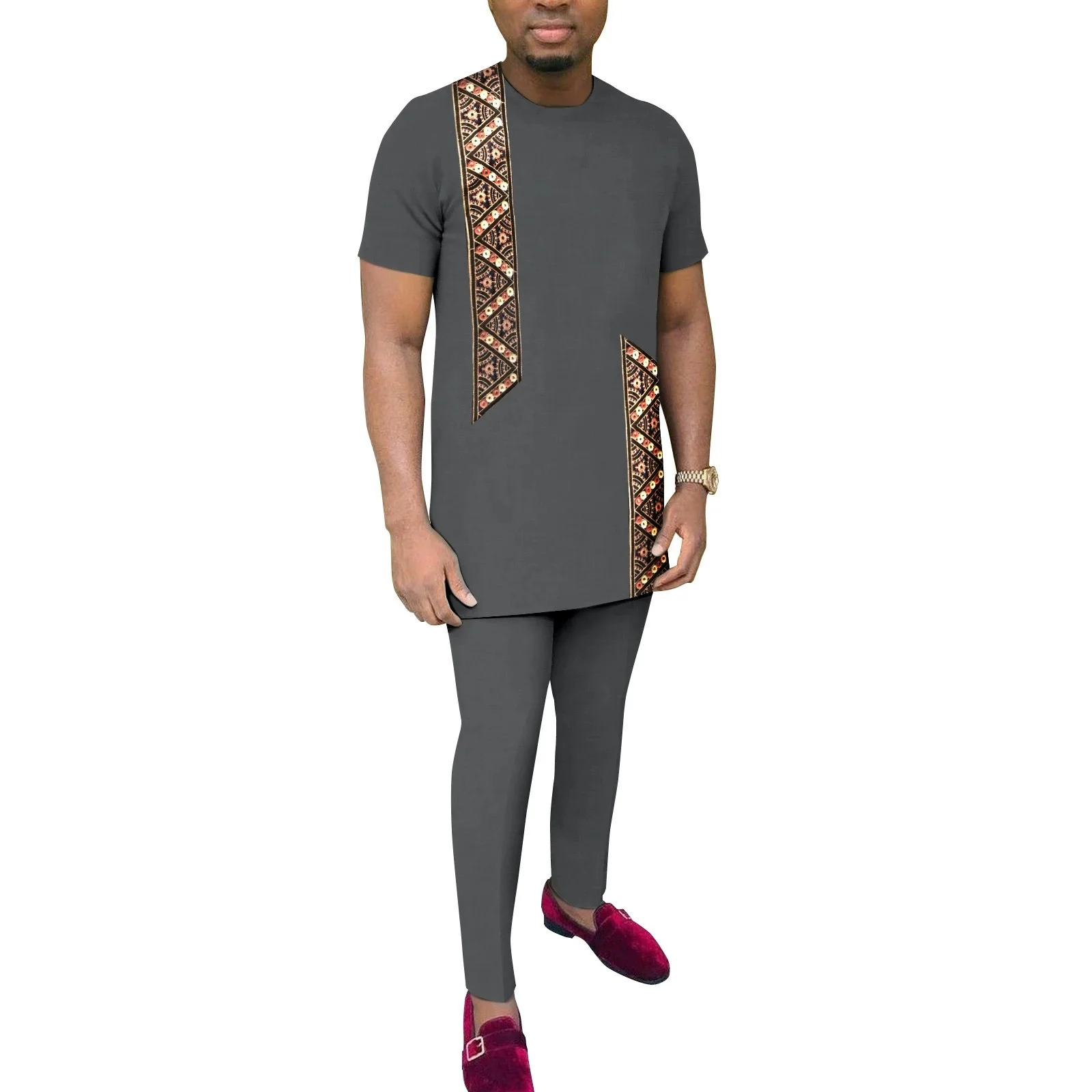 بدلة رياضية رجالية ملابس أفريقية Dashiki مطرزة بزرين قمصان وبنطلون 2 قطعة مجموعة ملابس أنقرة بدلات أفريقية #3