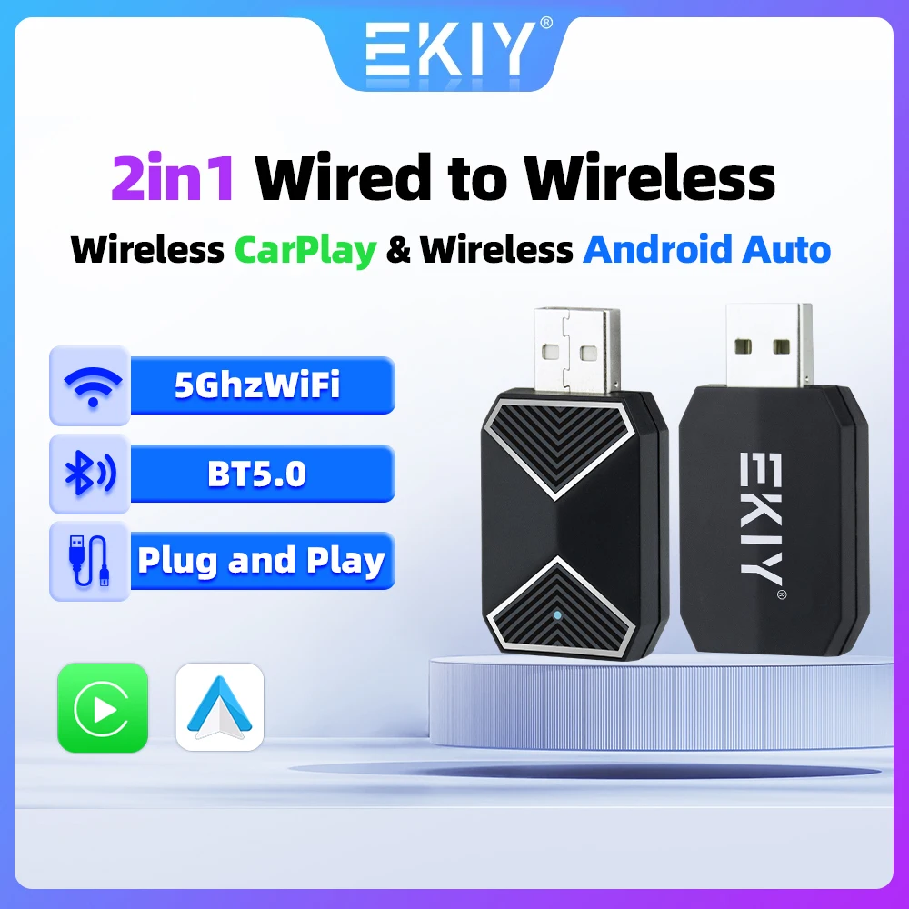 EKIY New 2in1 Wired to Wireless CarPlay Android Car Adapter for OEM Car Stereo, with USB Plug and Play