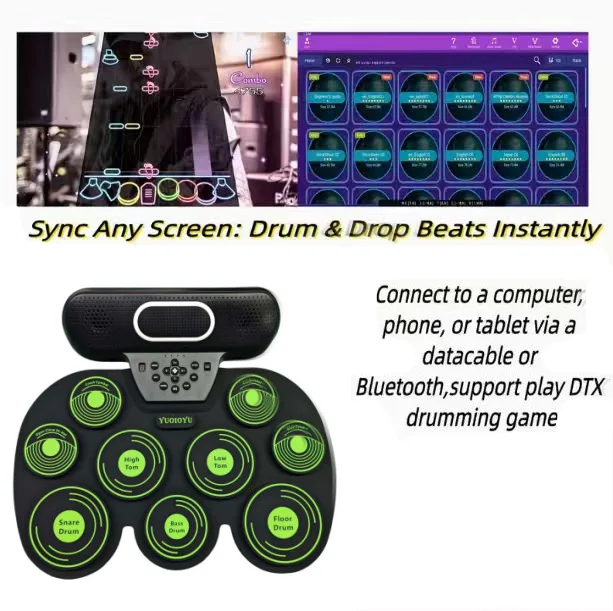 Electronic drum green striped hand roll with audio lithium battery portable shelf children's practice drum