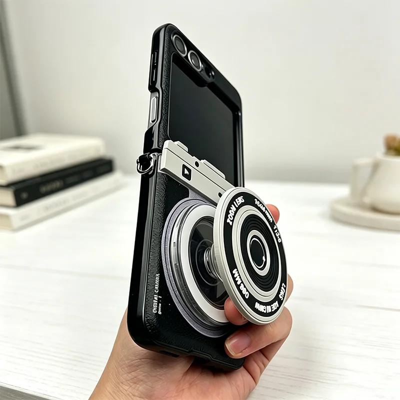 for Samsung Z Flip7 Flip6 Case Luxury Camera Magnetic Stand Phone Case for Samsung Galaxy Z Flip7 6 Z Flip5 ZFlip4 Cover Leather
