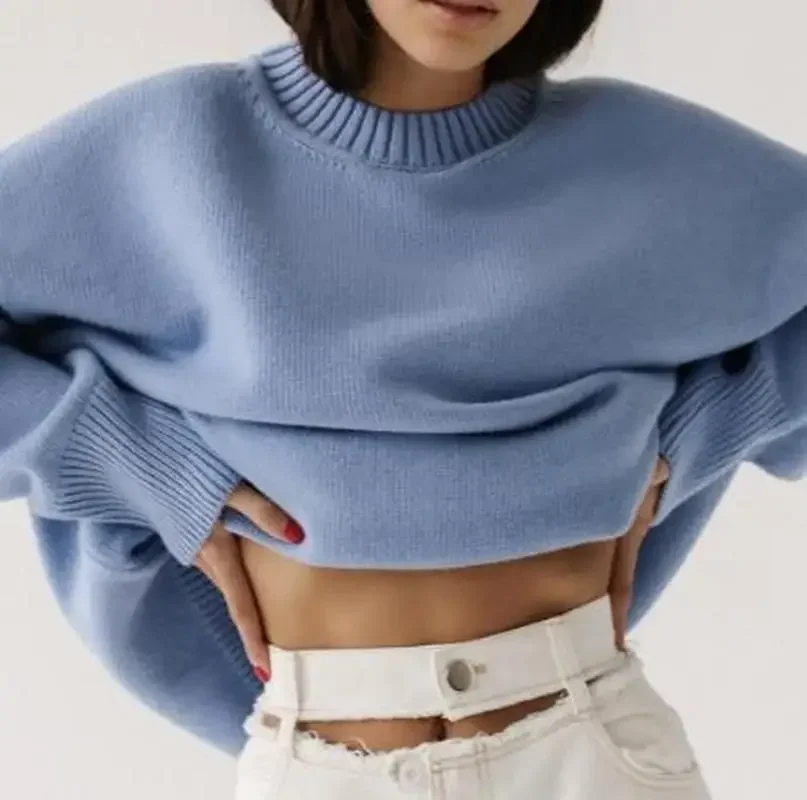 2024 Autumn and Winter New Pullover Women's Solid Color Classic Knitted Casual Temperament Straight Pullover Sweater