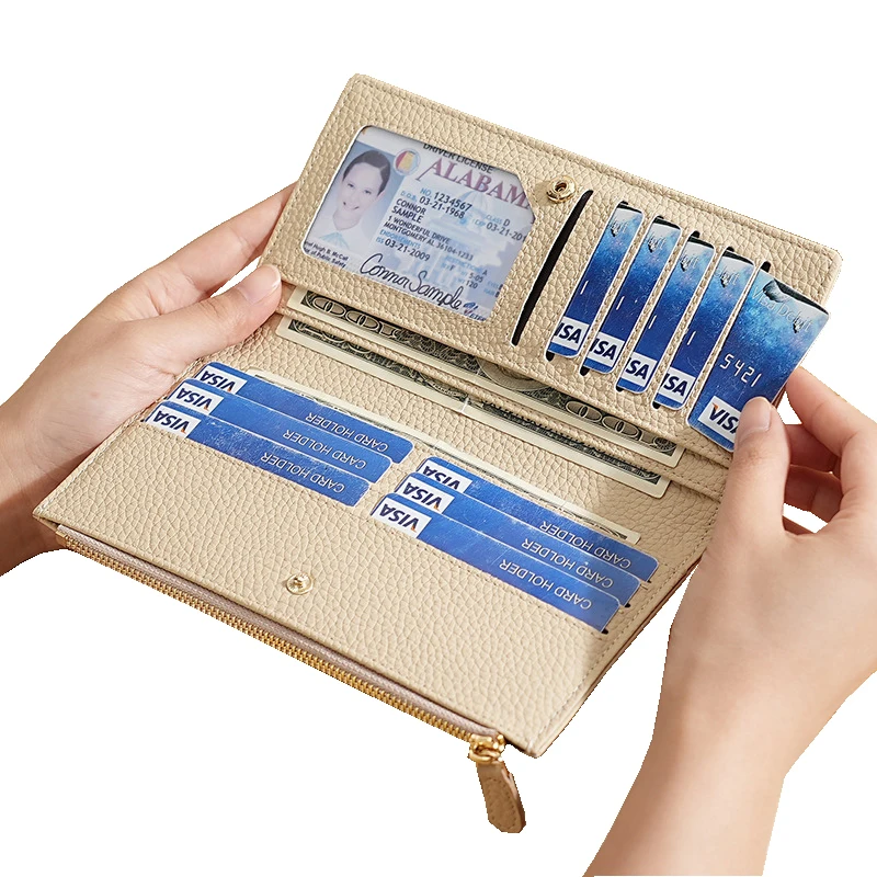 Western RFID Blocking Cowhide Leather Long Women Wallet Multi-cards Zipper Coin Purse for Ladies