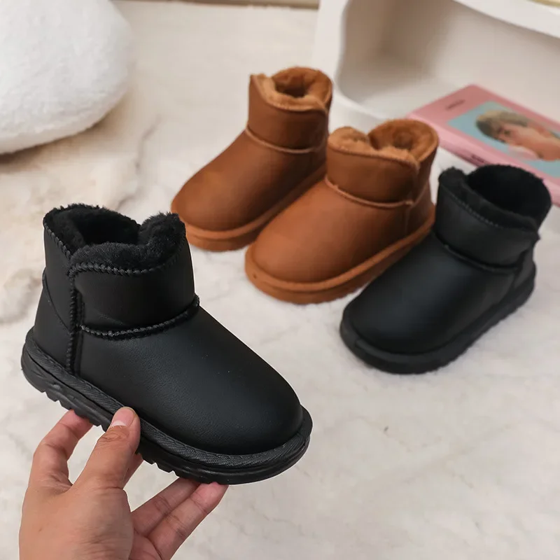 New Winter Fleece PU Leather Cotton Boots Kids Boy Girl Non-slip Soft Sole Ankle Boots Lightweight Warm High-top Boots Children