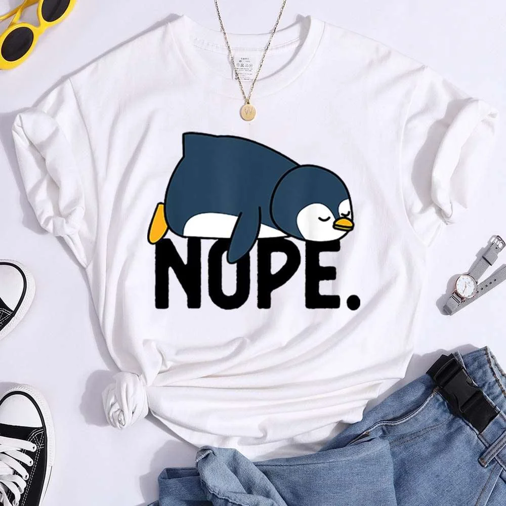 Funny Penguin Nope Print T-shirts For Women Summer Round Neck Tee Shirt Femme Fashion Casual T-shirts