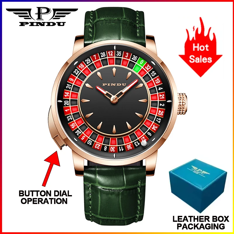 PINDU Design Nieuwe Drukknop Draai Russische Roulette Spel 46MM Mechanisch Herenhorloge NH35A Saffierglas Diamant Wijzerplaat Herenhorloge
