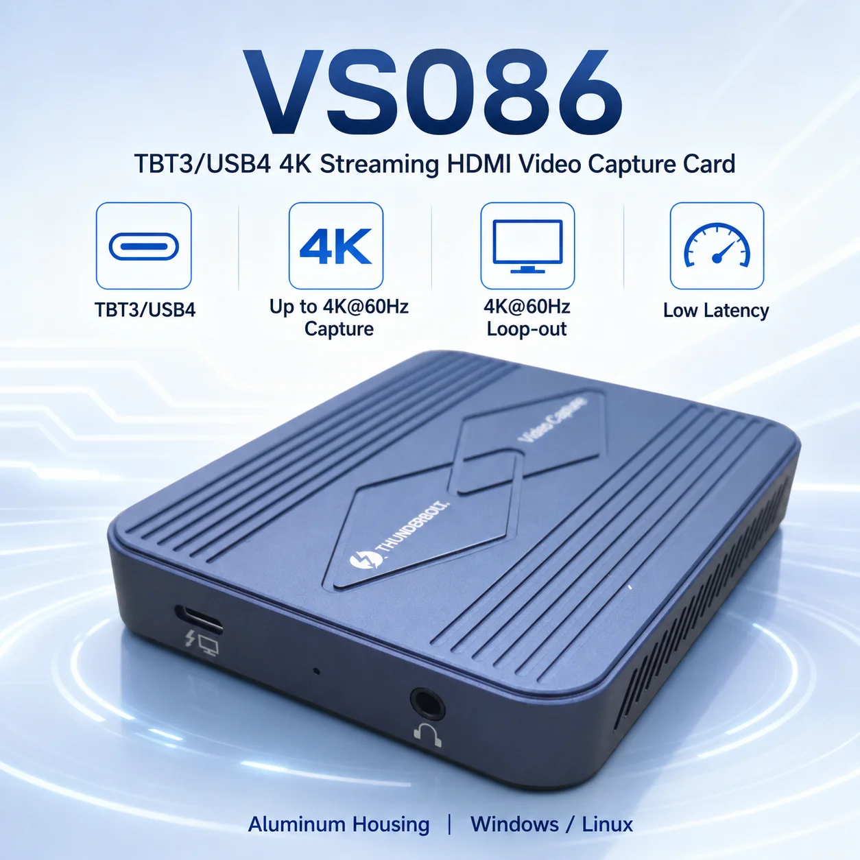 VS086 Thunderbolt 4 3 USB4 4K 60Hz HDMI Video Capture Card Loop Out VRR HDR Low Latency Grabber for PS5 Xbox PC Streaming