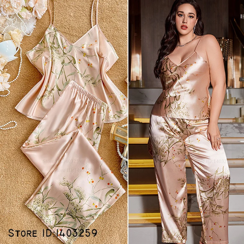 

Large Size Women's Sleepwear Pajamas Set Sexy Sleeveless Trouser Suit Loungewear Loose Casual Silk Satin Print Floral Homewear
