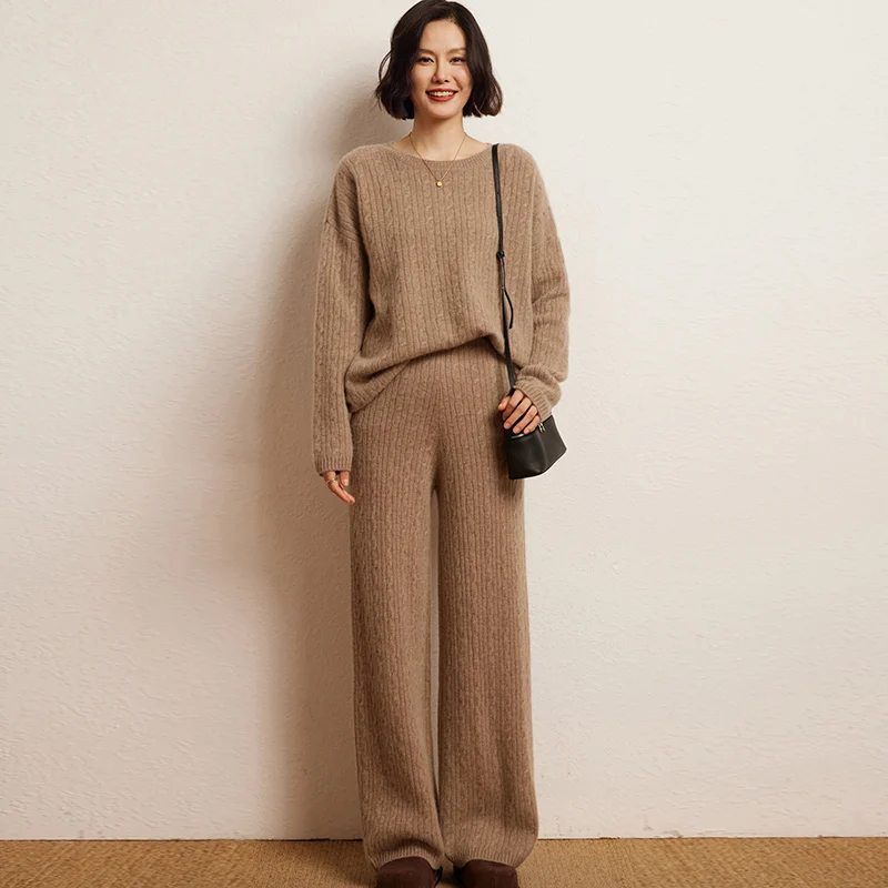 Fashion Suit Autumn Winter 100% Cashmere Knit High Quality Sweater Women Tops And Wide Leg Pants Two-Piece Female Girl Clothing